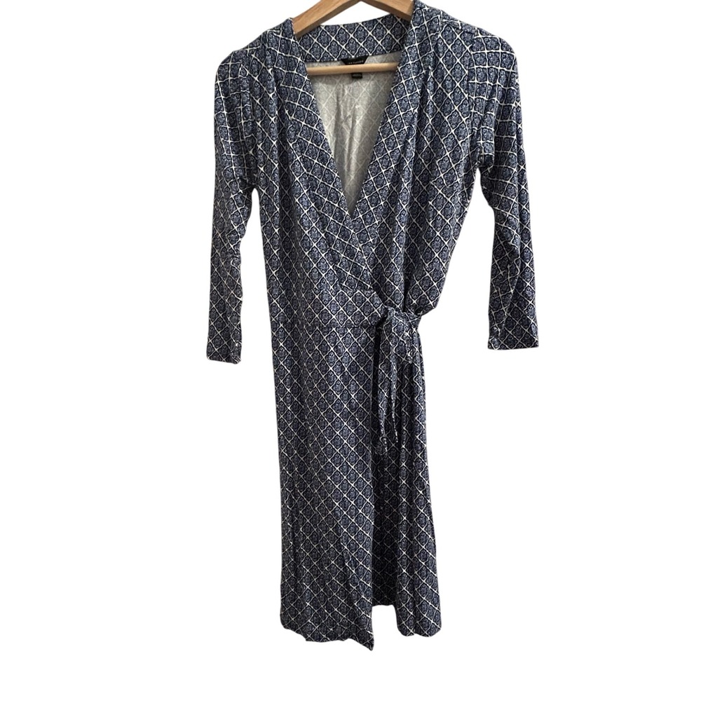 Ann Taylor Womens Blue White Geometric Print Knit Wrap Midi Dress Size 0